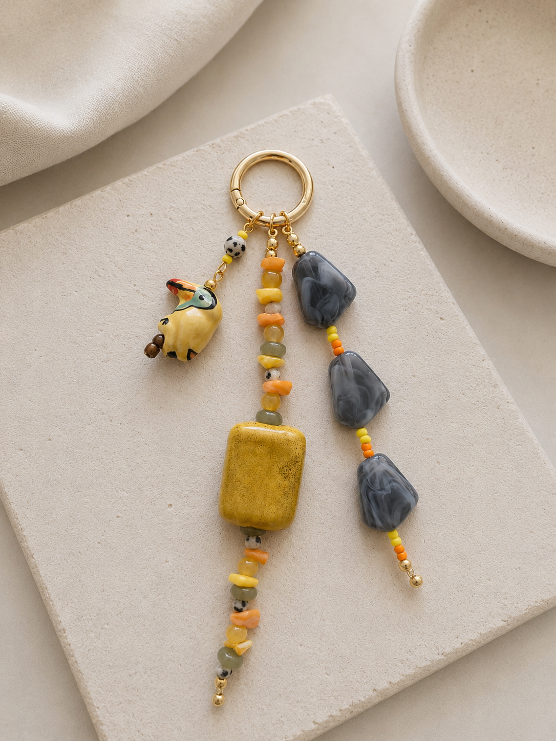 Yellow Gray Beaded Bag Keychain with Animal Charm Gold Ring