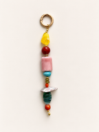 Beaded keychain with a gold-tone ring and colorful yellow, red, pink, turquoise and green beads; Bh accessory
