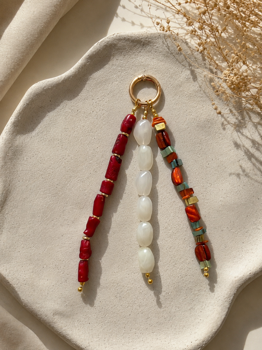 Red White Three Strand Beaded Bag Keychain with Gold Ring