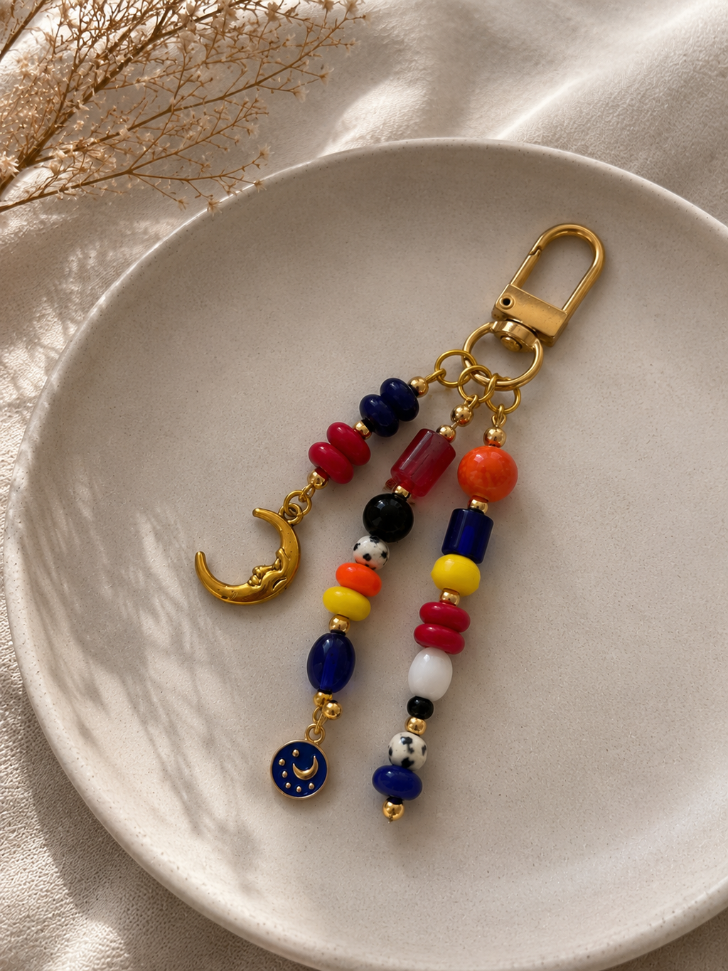 Multicolor Beaded Moon Charm Bag Keychain with Gold Clip