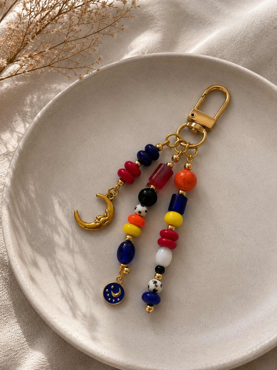 Multicolor Beaded Moon Charm Bag Keychain with Gold Clip