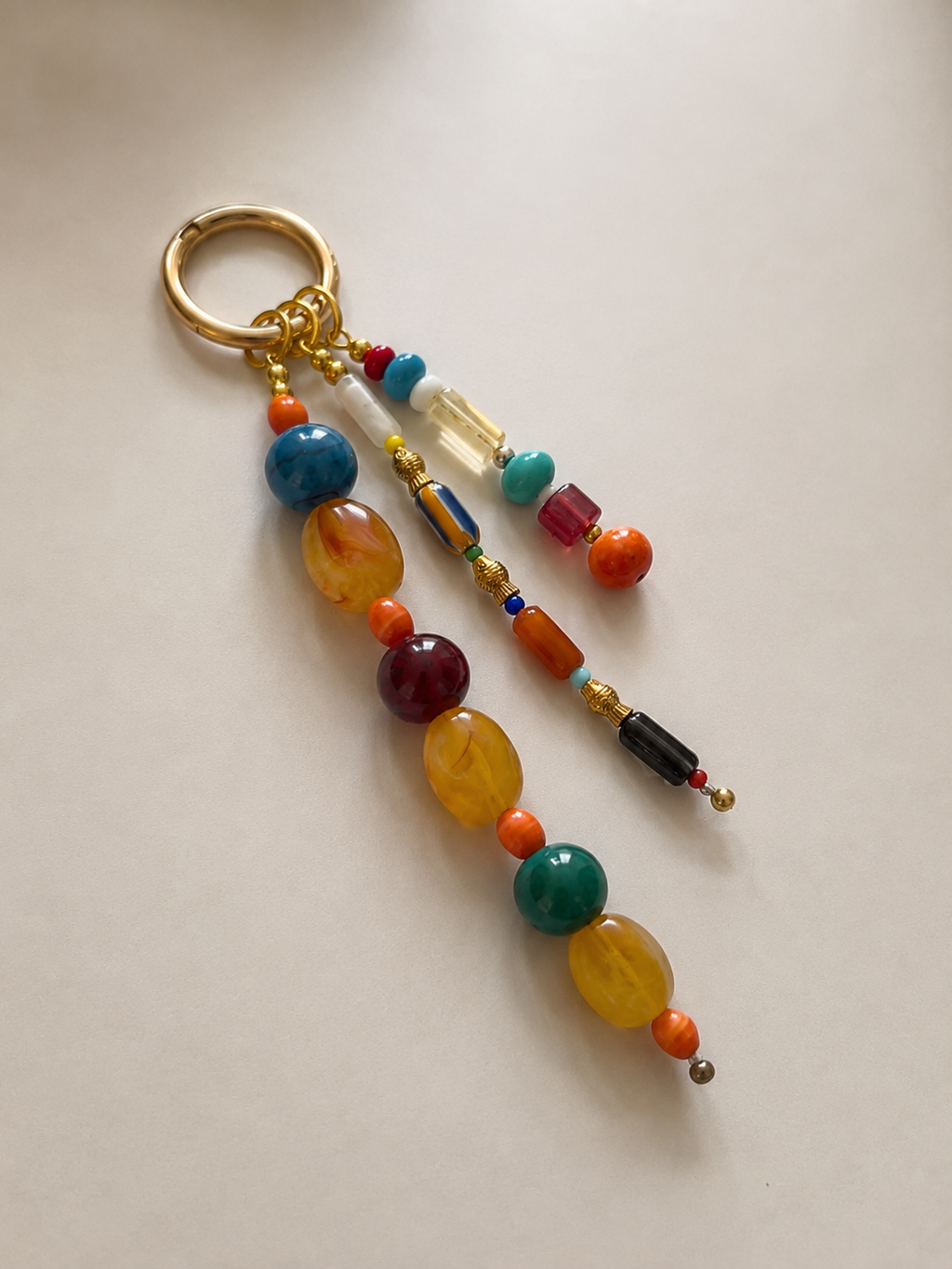 Multicolor Three Strand Beaded Bag Keychain with Gold Ring