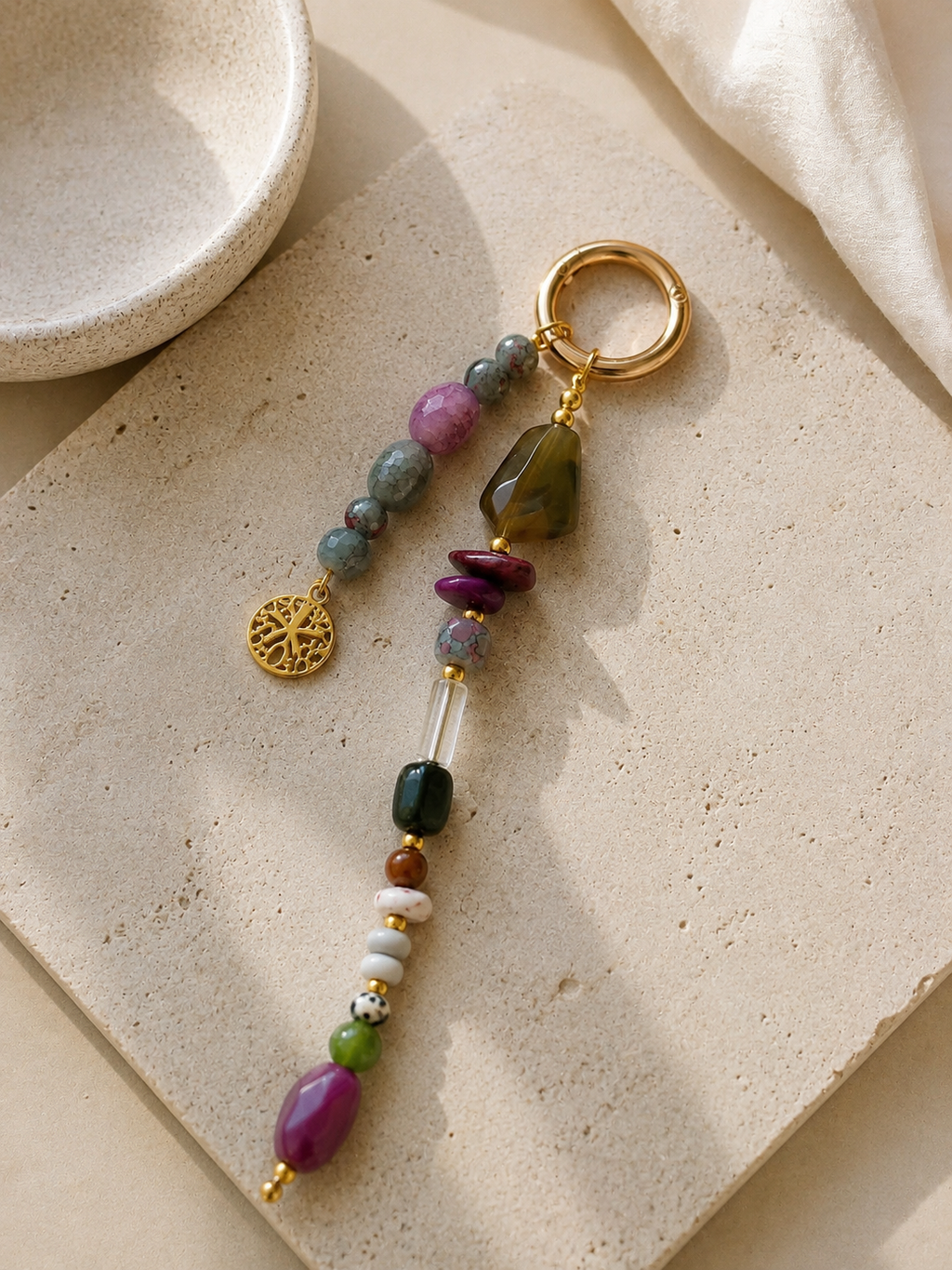 Purple Green Beaded Starfish Charm Bag Keychain with Gold Ring