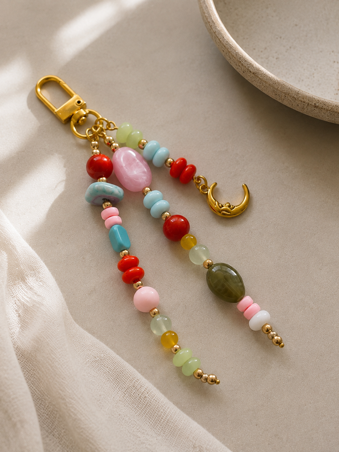 Multicolor Moon Charm Beaded Bag Keychain with Gold Clip