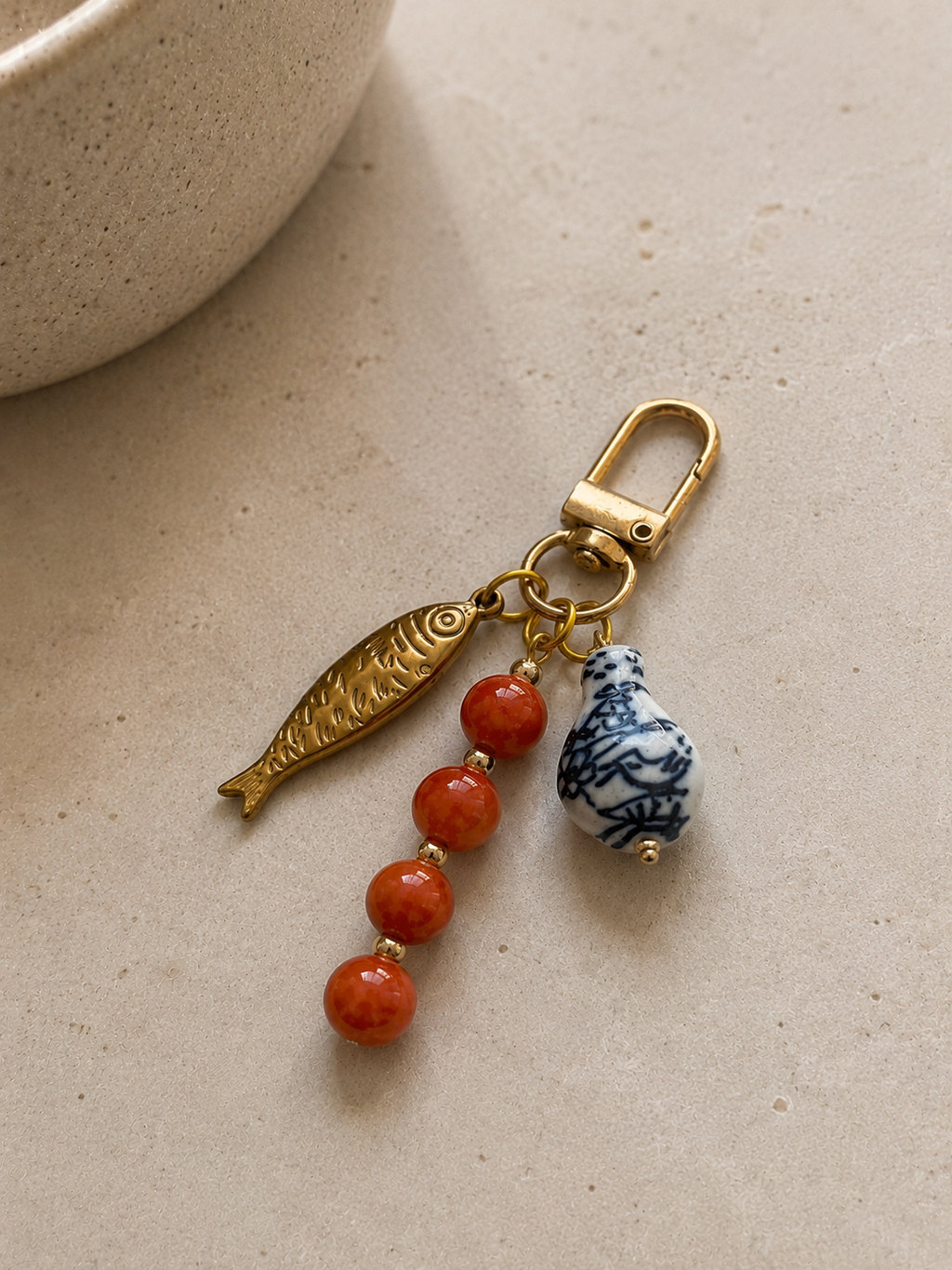 Orange Beaded Fish Charm Bag Keychain with Gold Clip