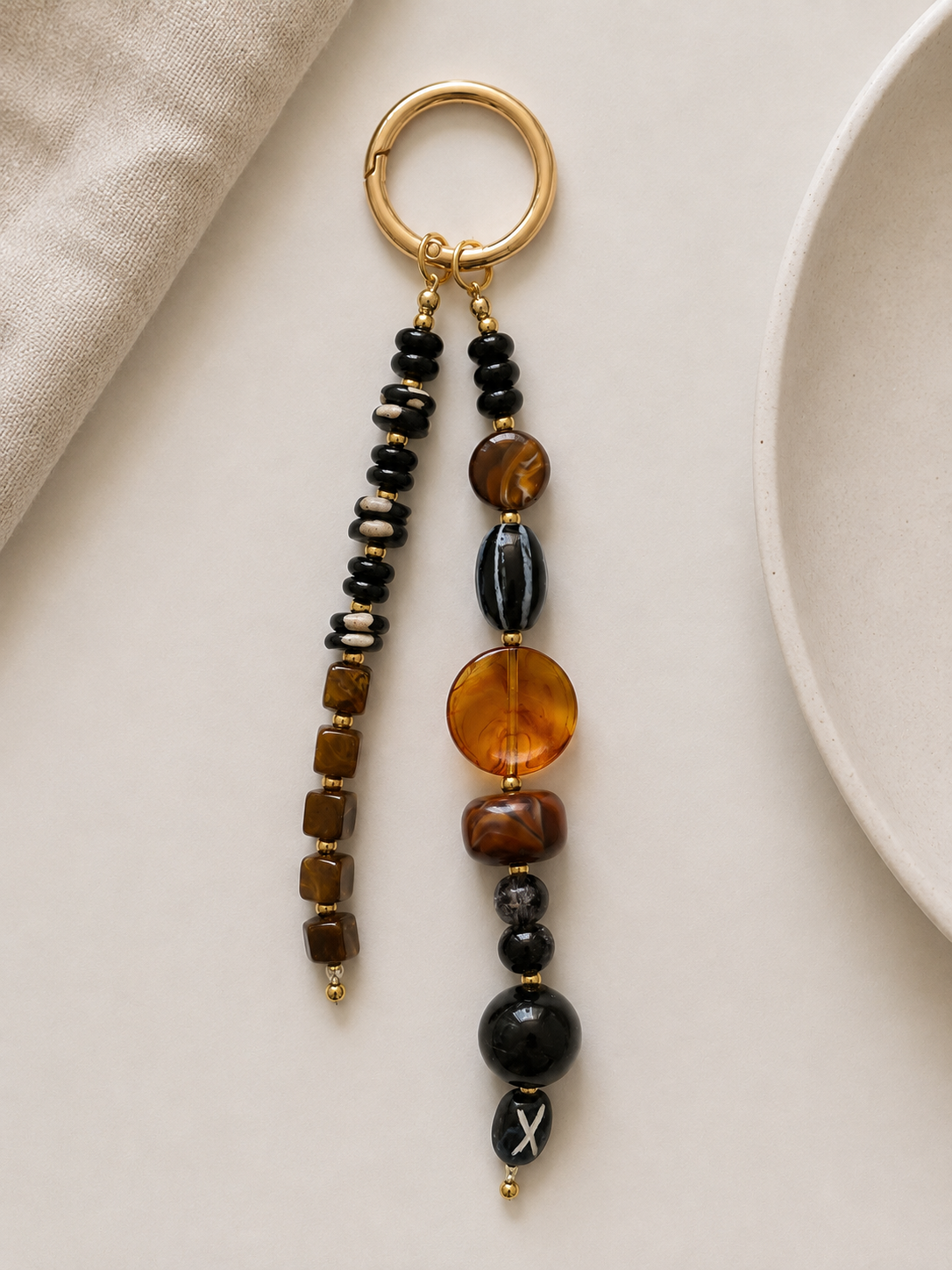 Black Brown Double Strand Beaded Bag Keychain with Gold Ring