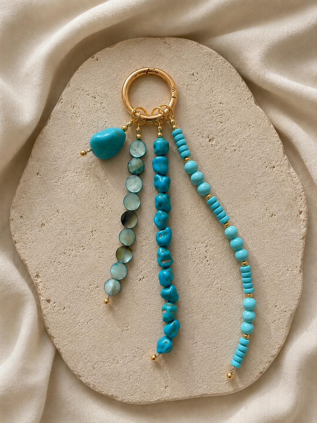 Turquoise Blue Four Strand Beaded Bag Keychain Gold Ring