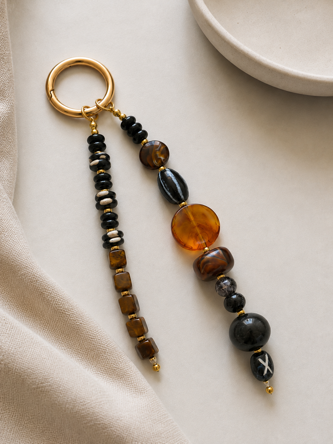 Black Brown Double Strand Beaded Bag Keychain with Gold Ring