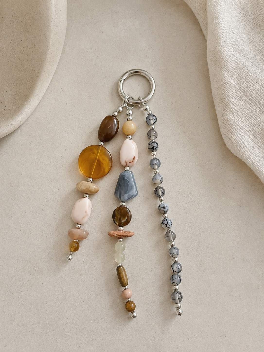 Amber Gray & Neutral Beaded Keychain Bag Charm