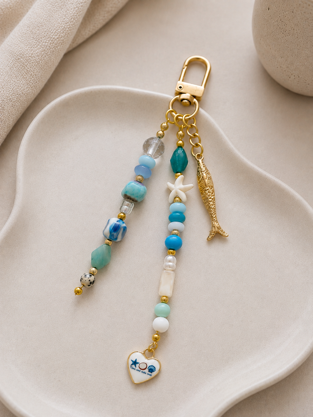 Blue Starfish Fish Charm Beaded Bag Keychain Gold Clip