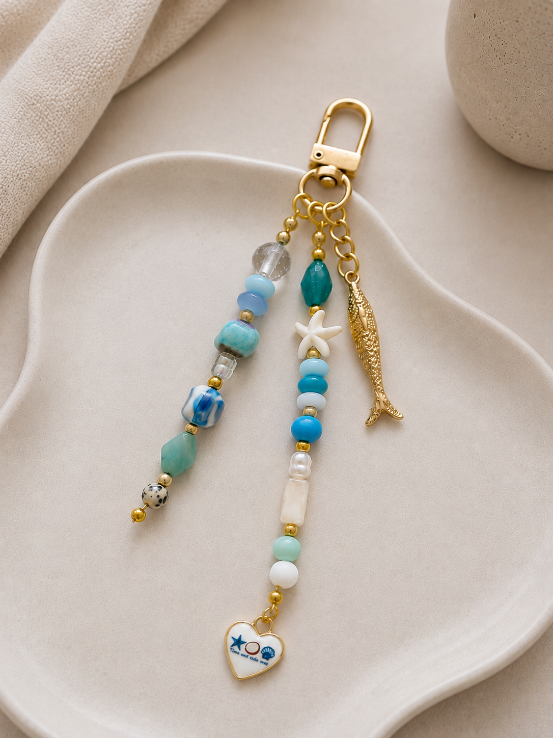 Blue Starfish Fish Charm Beaded Bag Keychain Gold Clip