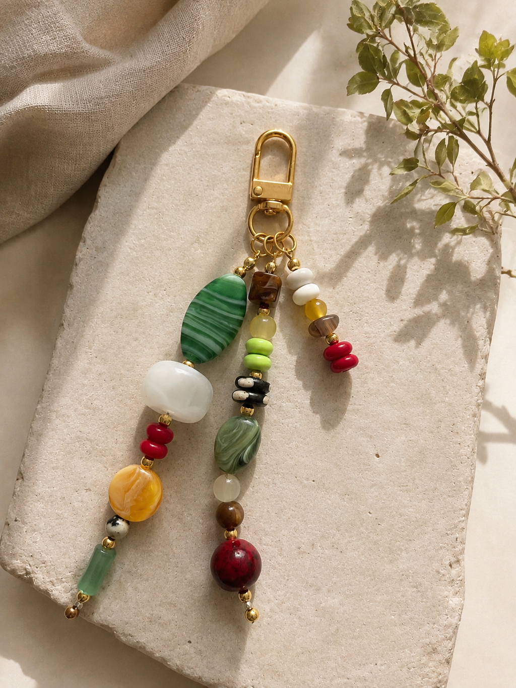 Green Multicolor Three Strand Beaded Bag Keychain Gold Clip