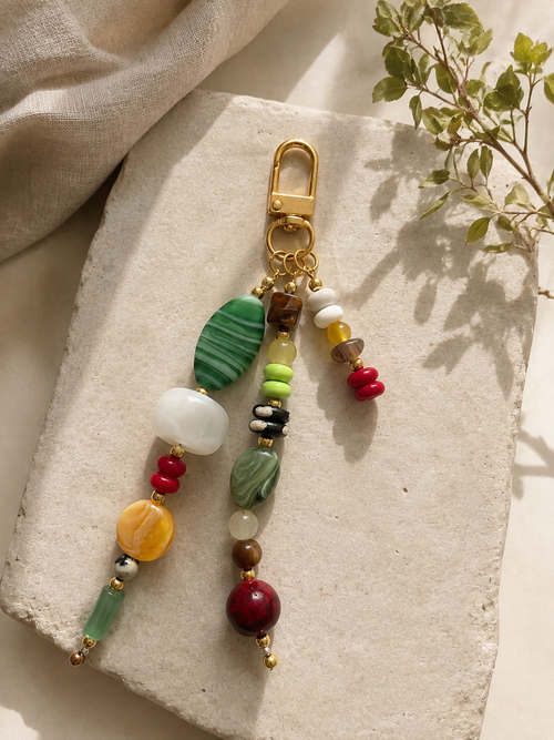 Green Multicolor Three Strand Beaded Bag Keychain Gold Clip