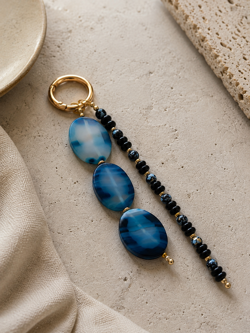 Blue Black Double Strand Beaded Bag Keychain with Gold Ring
