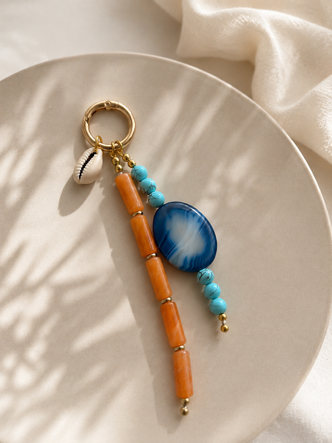 Orange Blue Shell Charm Beaded Bag Keychain with Gold Ring