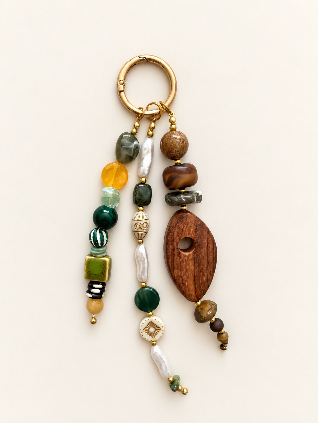 Wood & Green Beaded Keychain Statement Bag Charm
