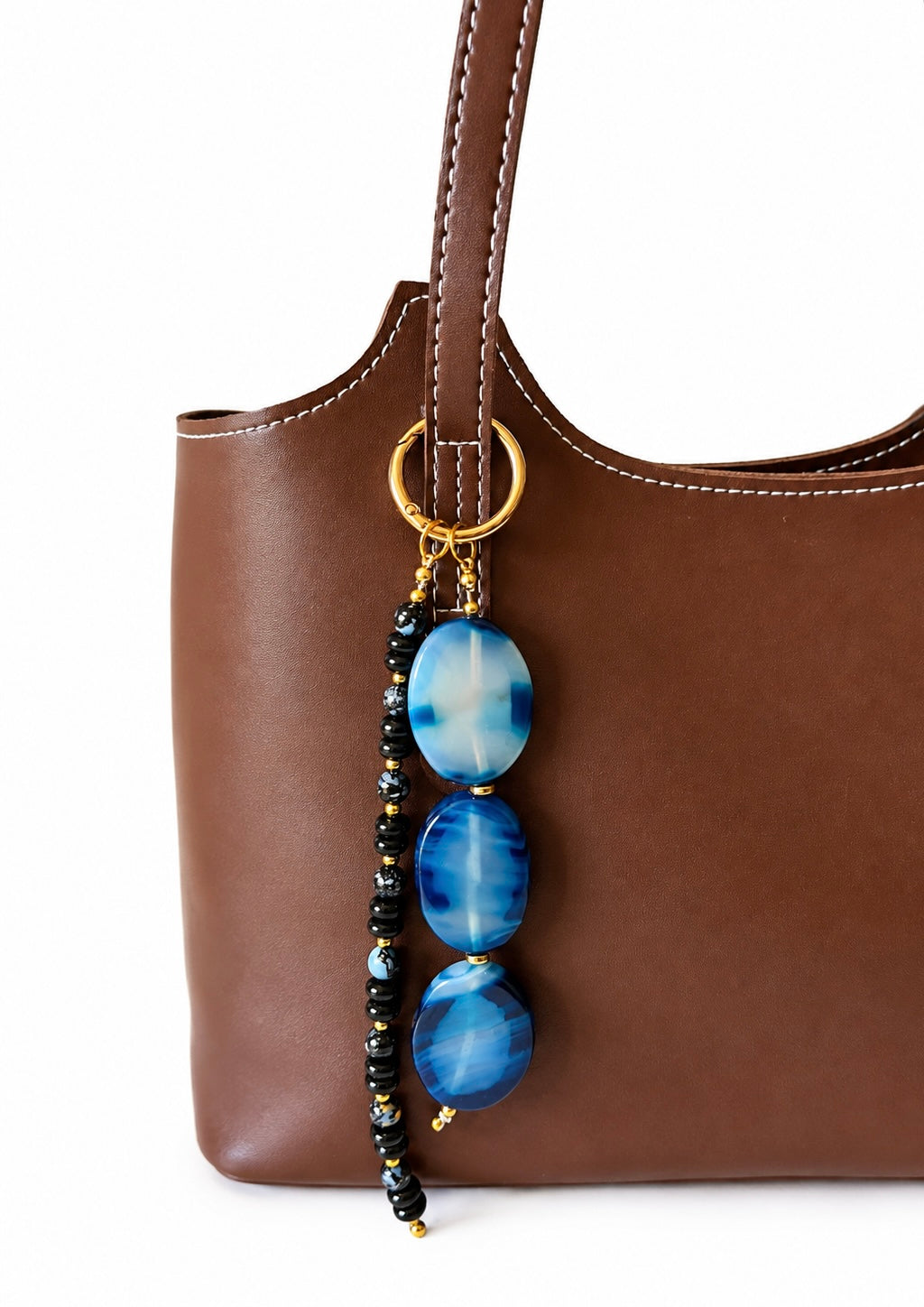 Blue Black Double Strand Beaded Bag Keychain with Gold Ring