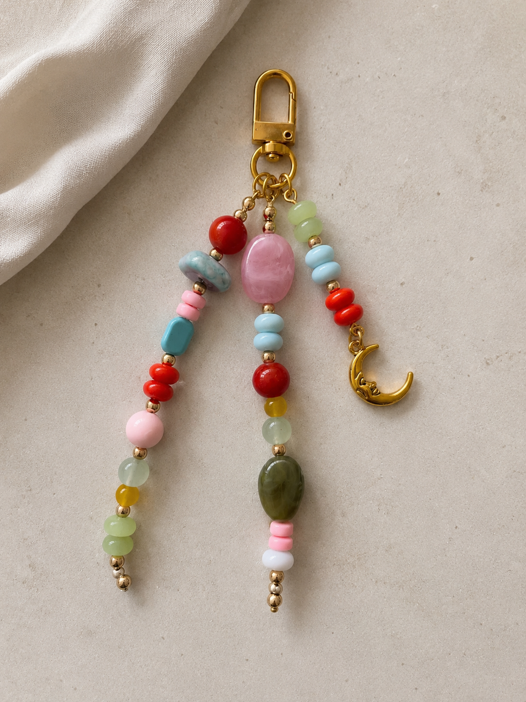 Multicolor Moon Charm Beaded Bag Keychain with Gold Clip