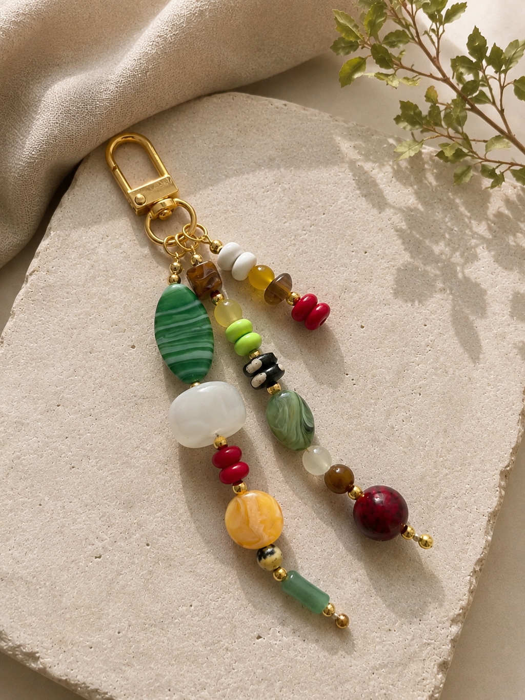 Green Multicolor Three Strand Beaded Bag Keychain Gold Clip