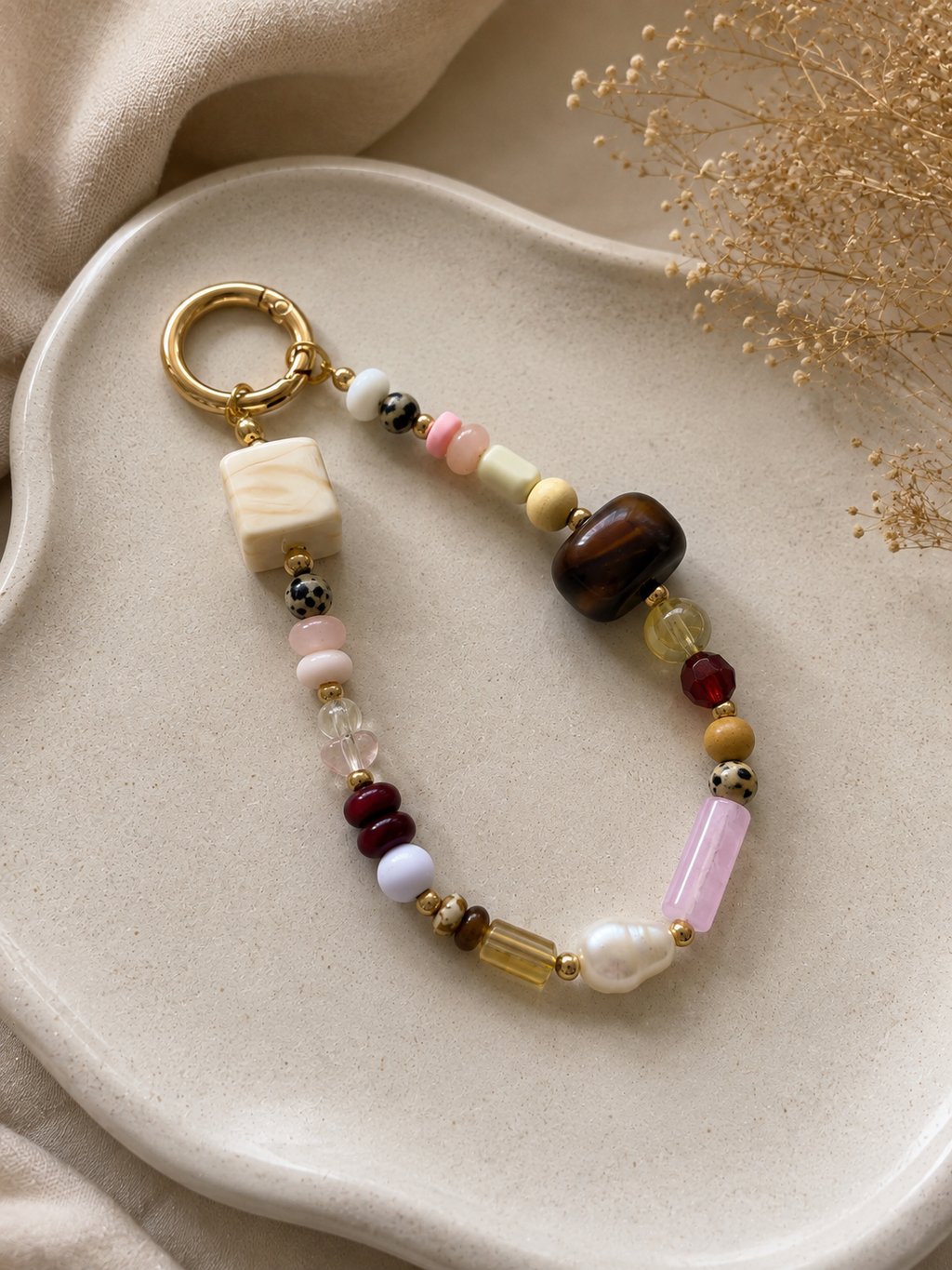 Pink Brown White Beaded Bag Keychain with Gold Ring Clip