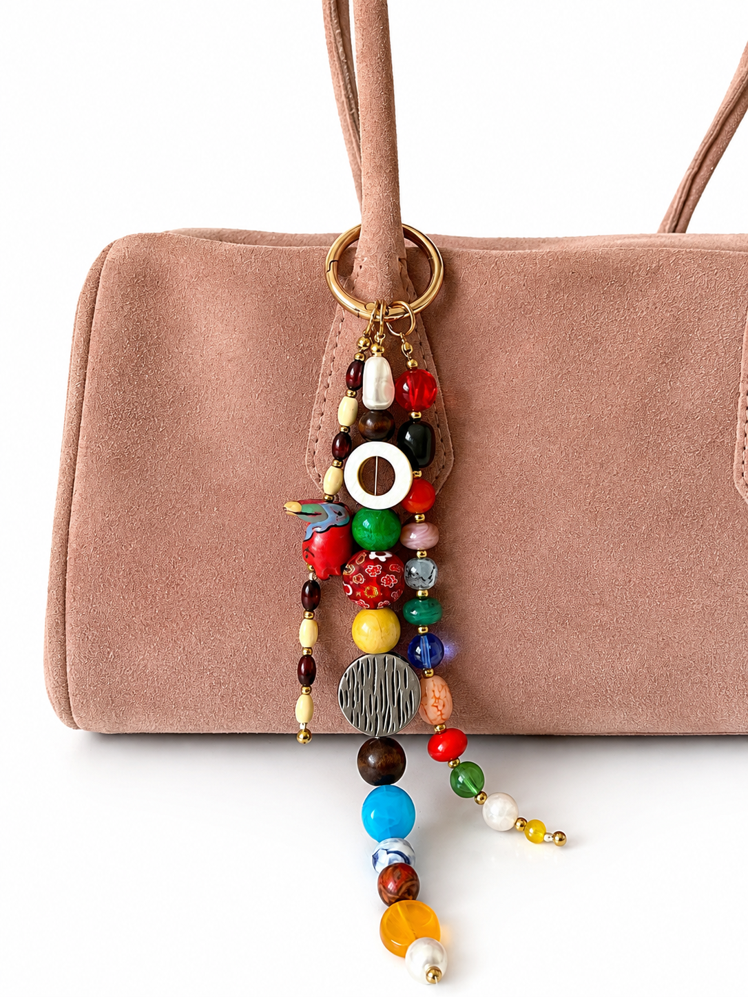 Multicolor Three Strand Beaded Bag Keychain with Gold Ring