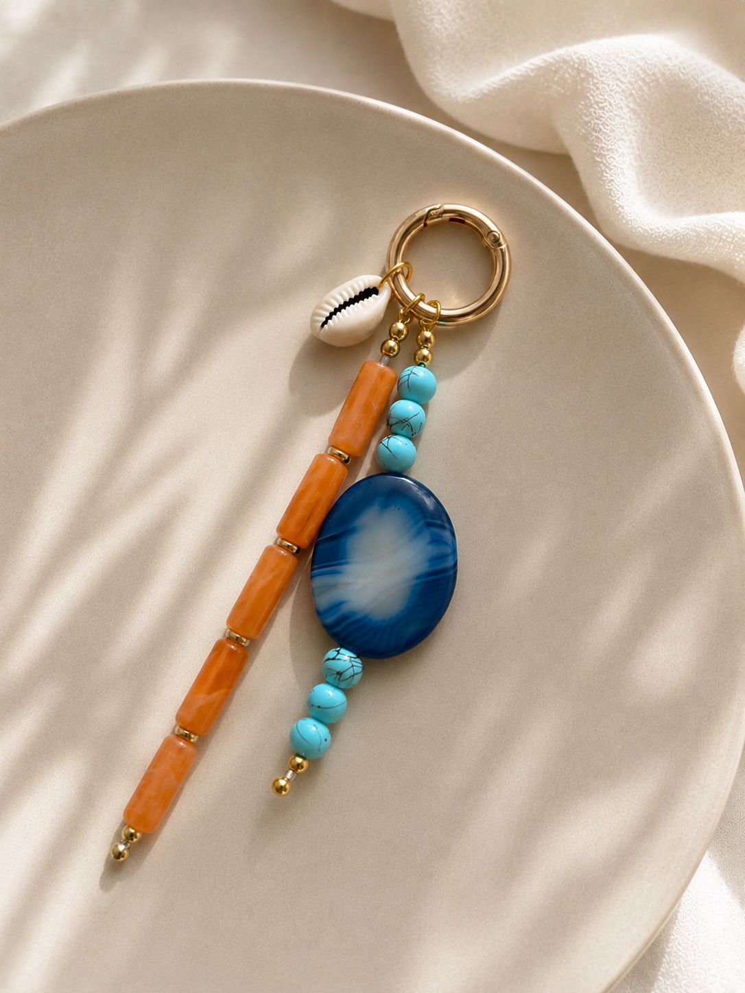 Orange Blue Shell Charm Beaded Bag Keychain with Gold Ring