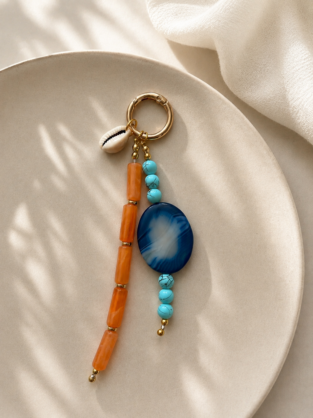 Orange Blue Shell Charm Beaded Bag Keychain with Gold Ring