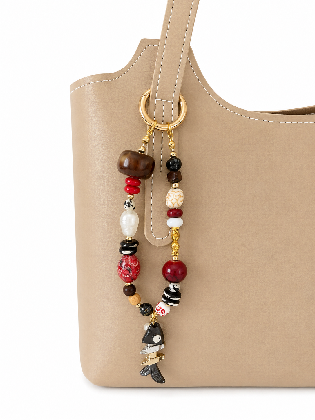 Boho Fish Charm Beaded Bag Keychain with Gold Clip
