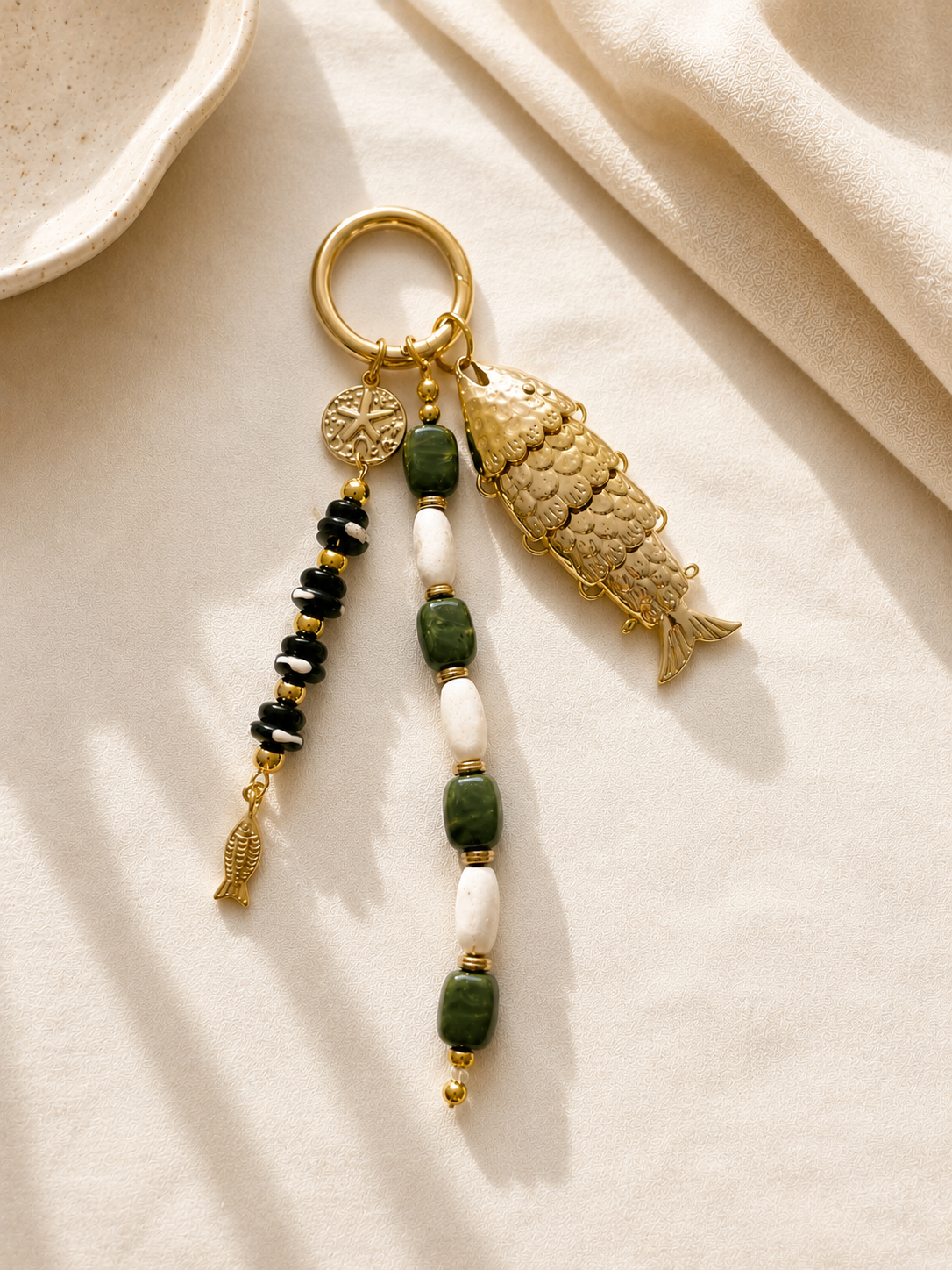 Green White Black Fish Charm Beaded Bag Keychain Gold Ring