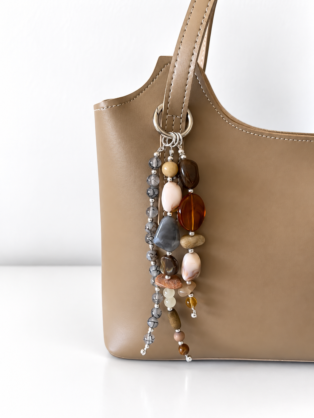 Amber Gray & Neutral Beaded Keychain Bag Charm