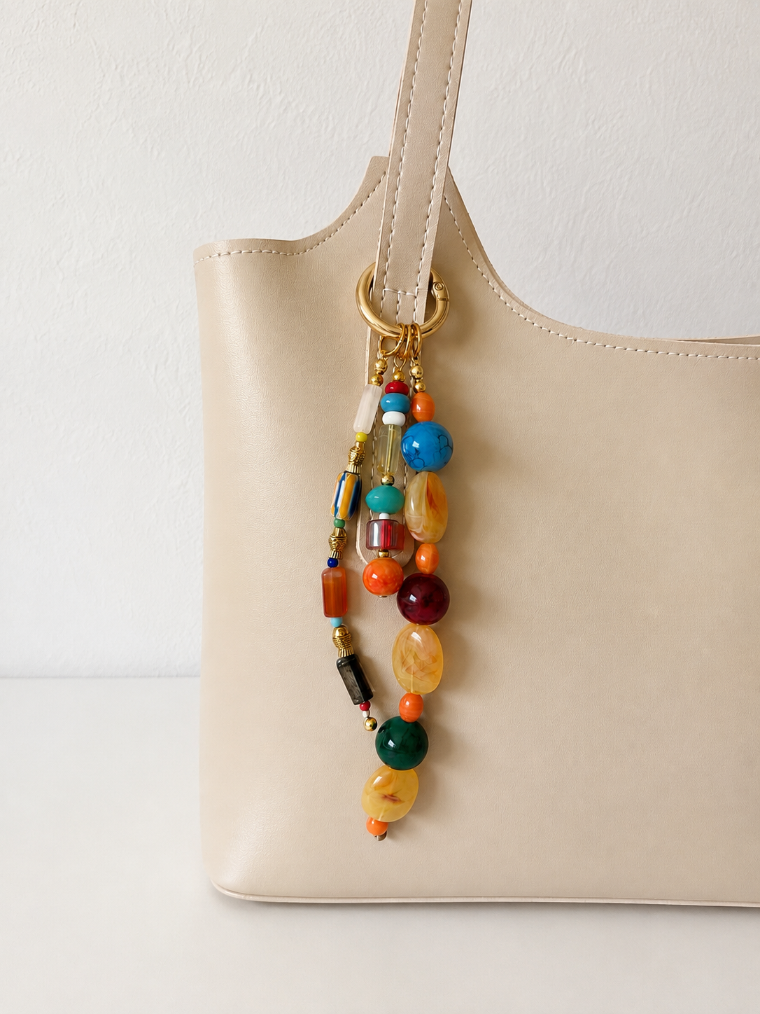 Multicolor Three Strand Beaded Bag Keychain with Gold Ring