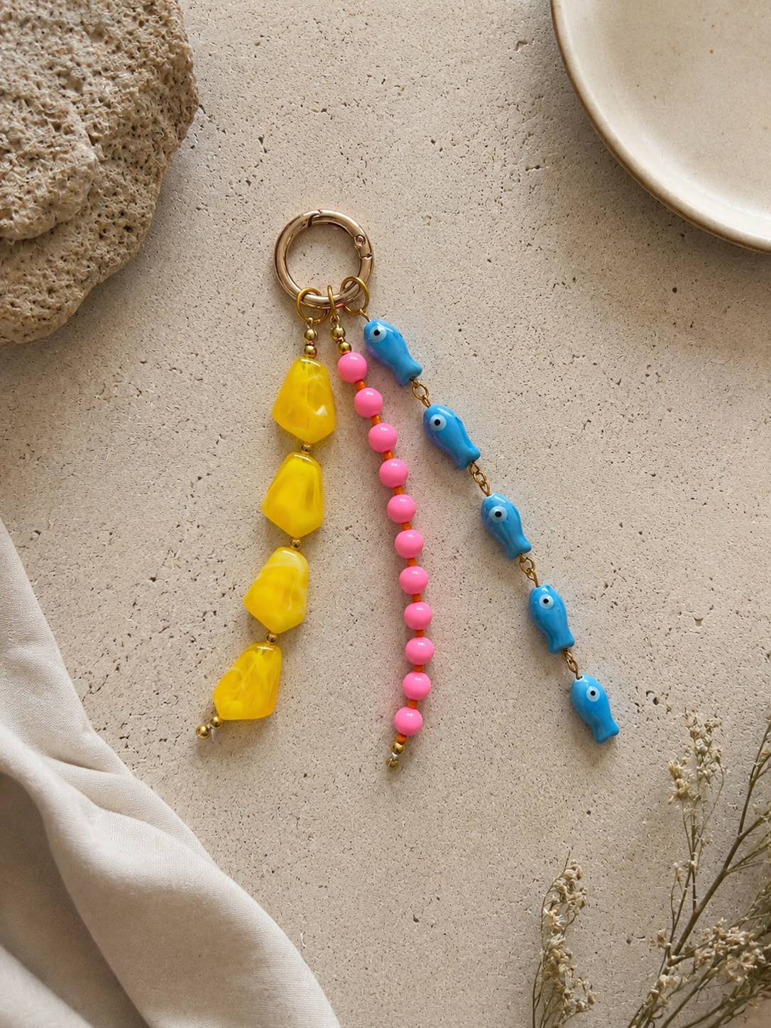 Pink Yellow Blue Fish Beaded Bag Keychain with Gold Ring