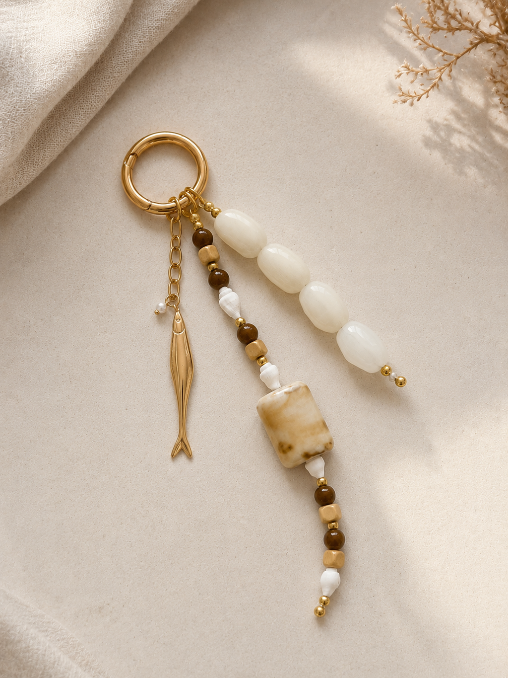 White Beaded Fish Charm Bag Keychain with Gold Ring Clip