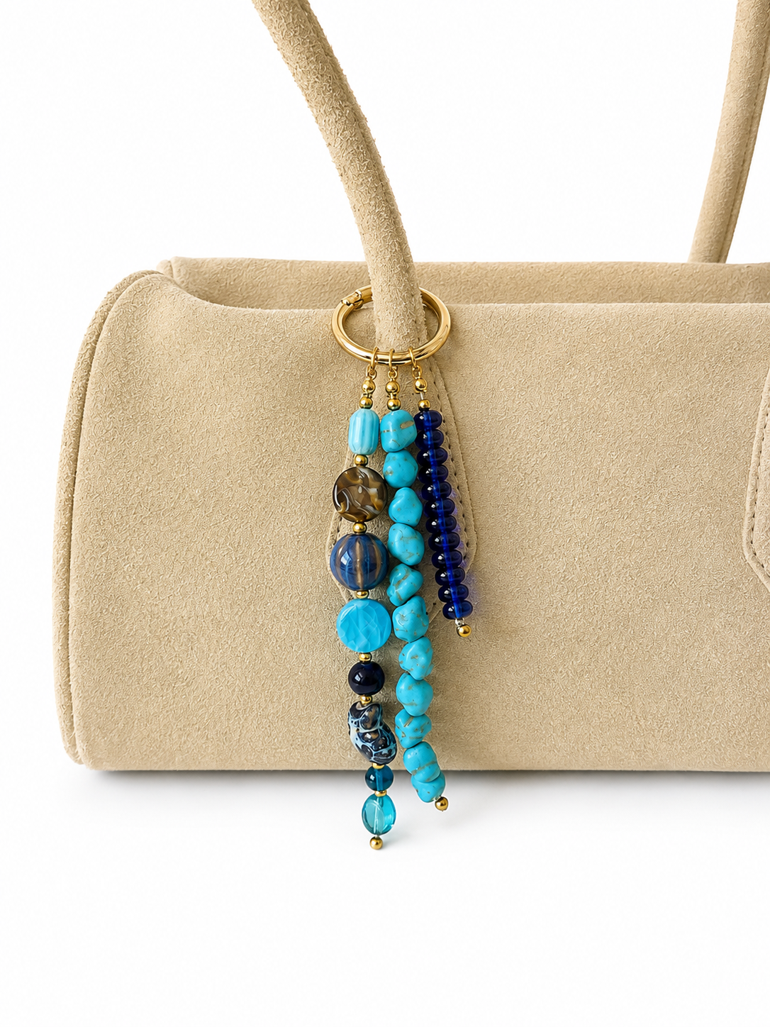 Blue Turquoise Three Strand Beaded Bag Keychain Gold Ring