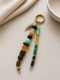 Green Brown Beaded Fish Charm Bag Keychain with Gold Ring