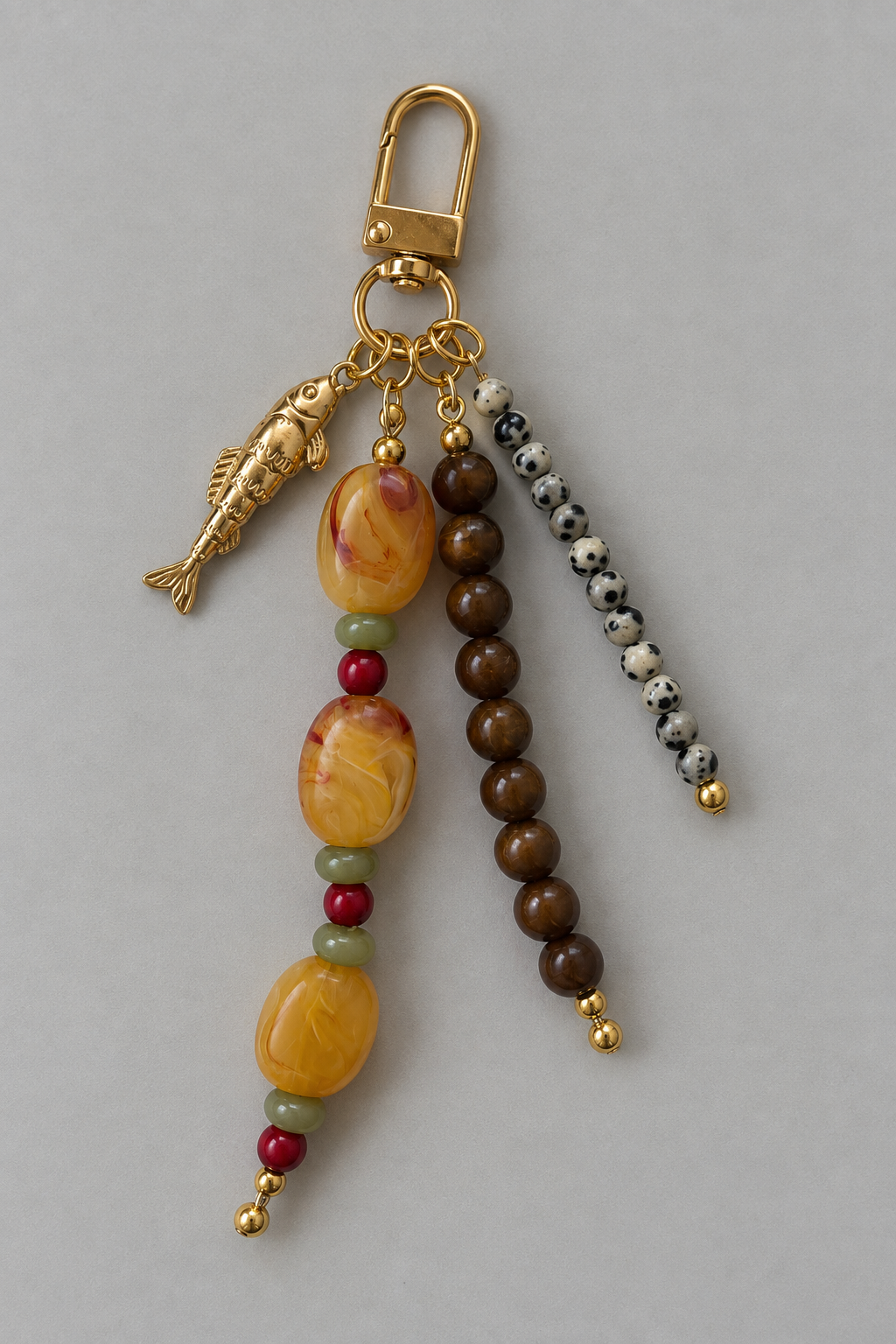 Amber Beaded Bag Charm with Gold Fish Pendant