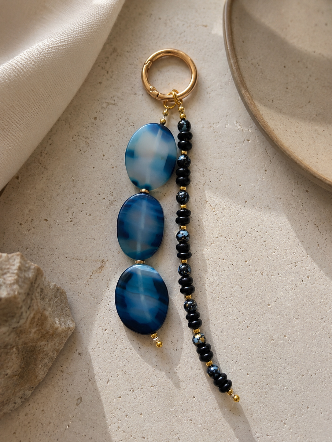 Blue Black Double Strand Beaded Bag Keychain with Gold Ring