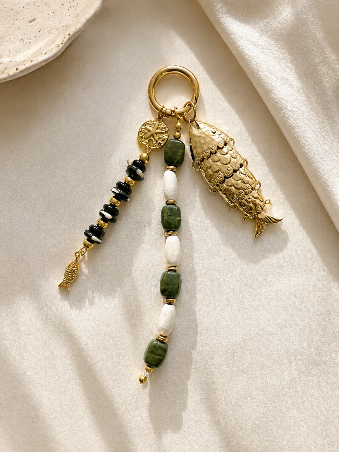 Green White Black Fish Charm Beaded Bag Keychain Gold Ring