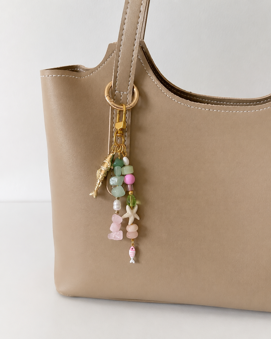 Pink Green Starfish Fish Charm Beaded Bag Keychain Gold Clip