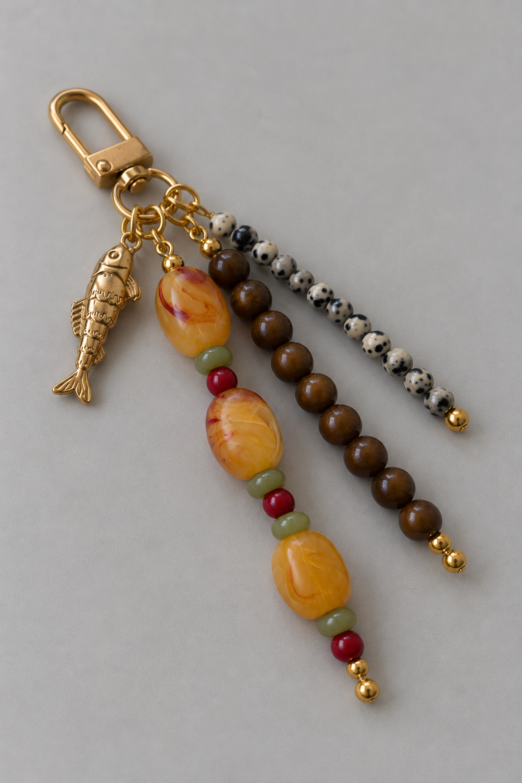 Amber Beaded Bag Charm with Gold Fish Pendant