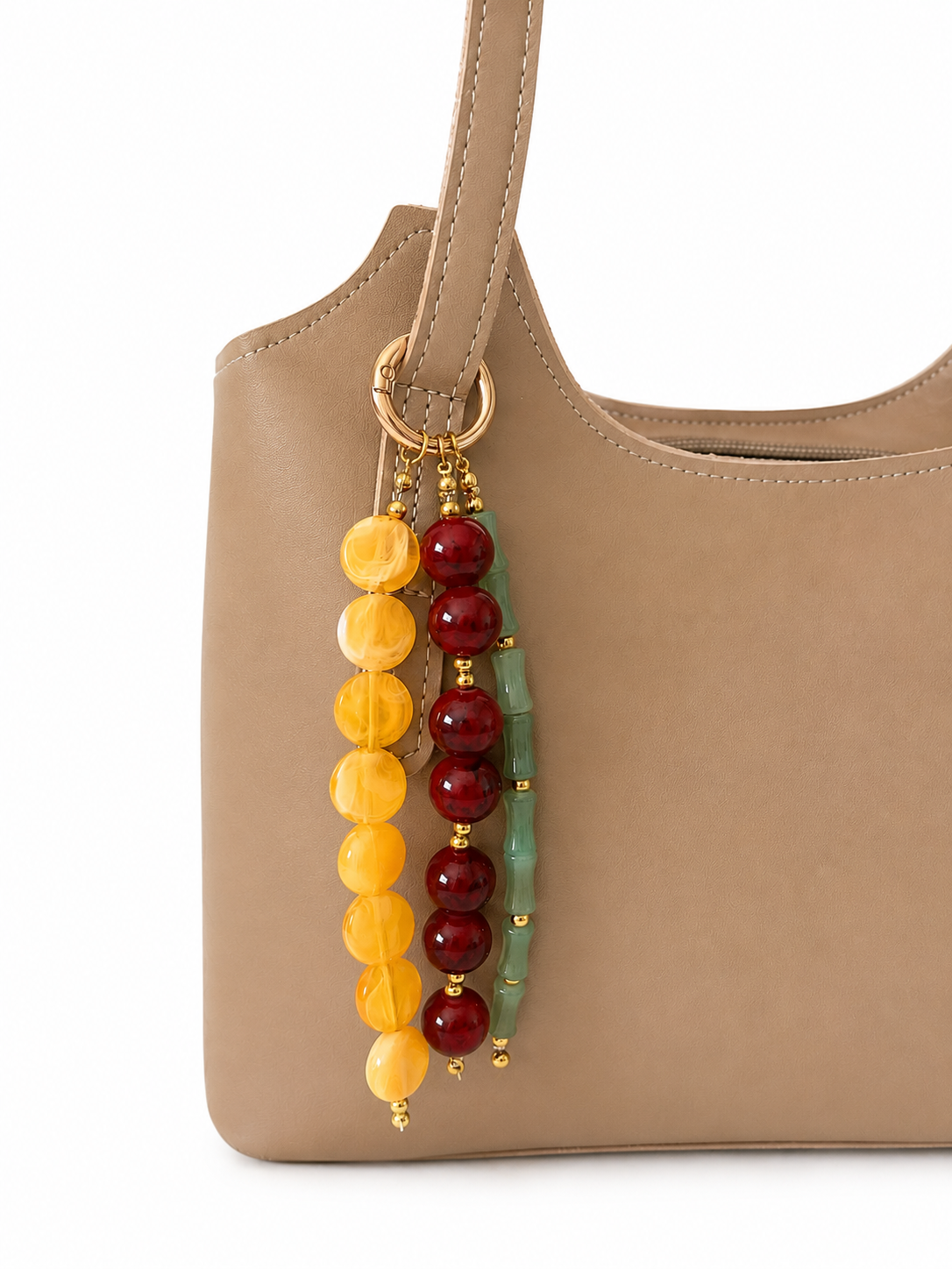 Red Yellow Green Three Strand Beaded Bag Keychain Gold Ring