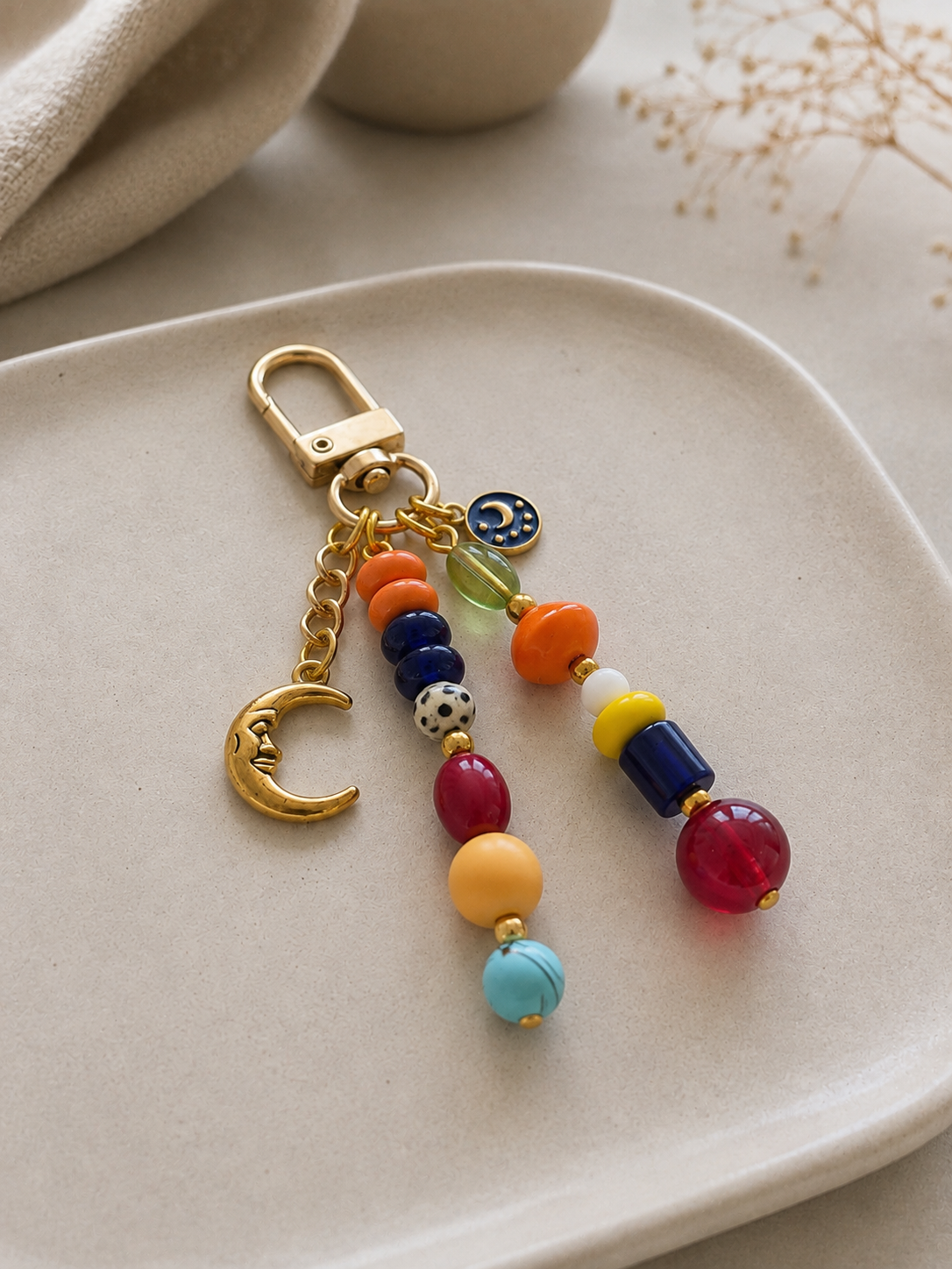 Multicolor Moon Charm Beaded Bag Keychain with Gold Clip