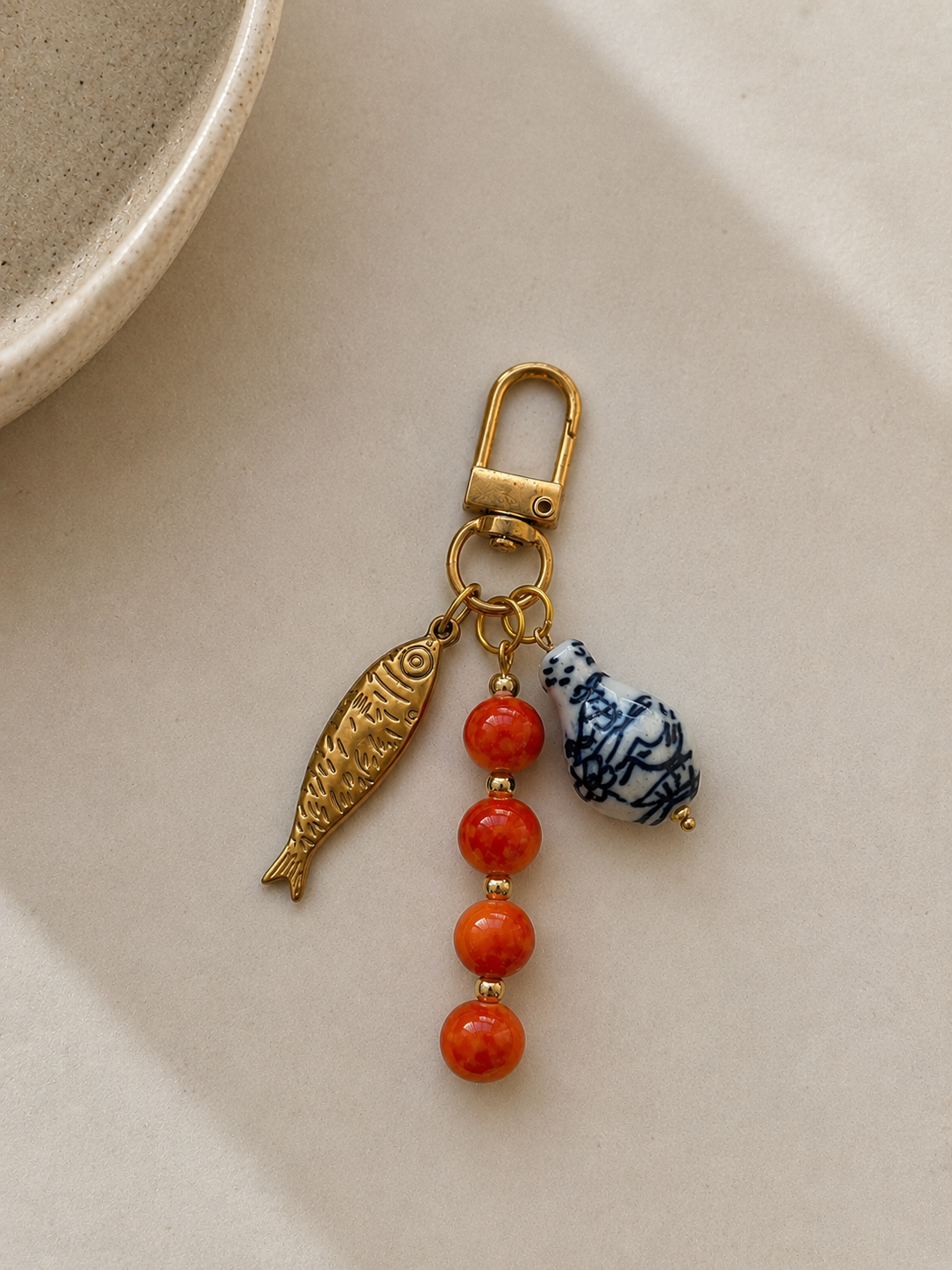 Orange Beaded Fish Charm Bag Keychain with Gold Clip