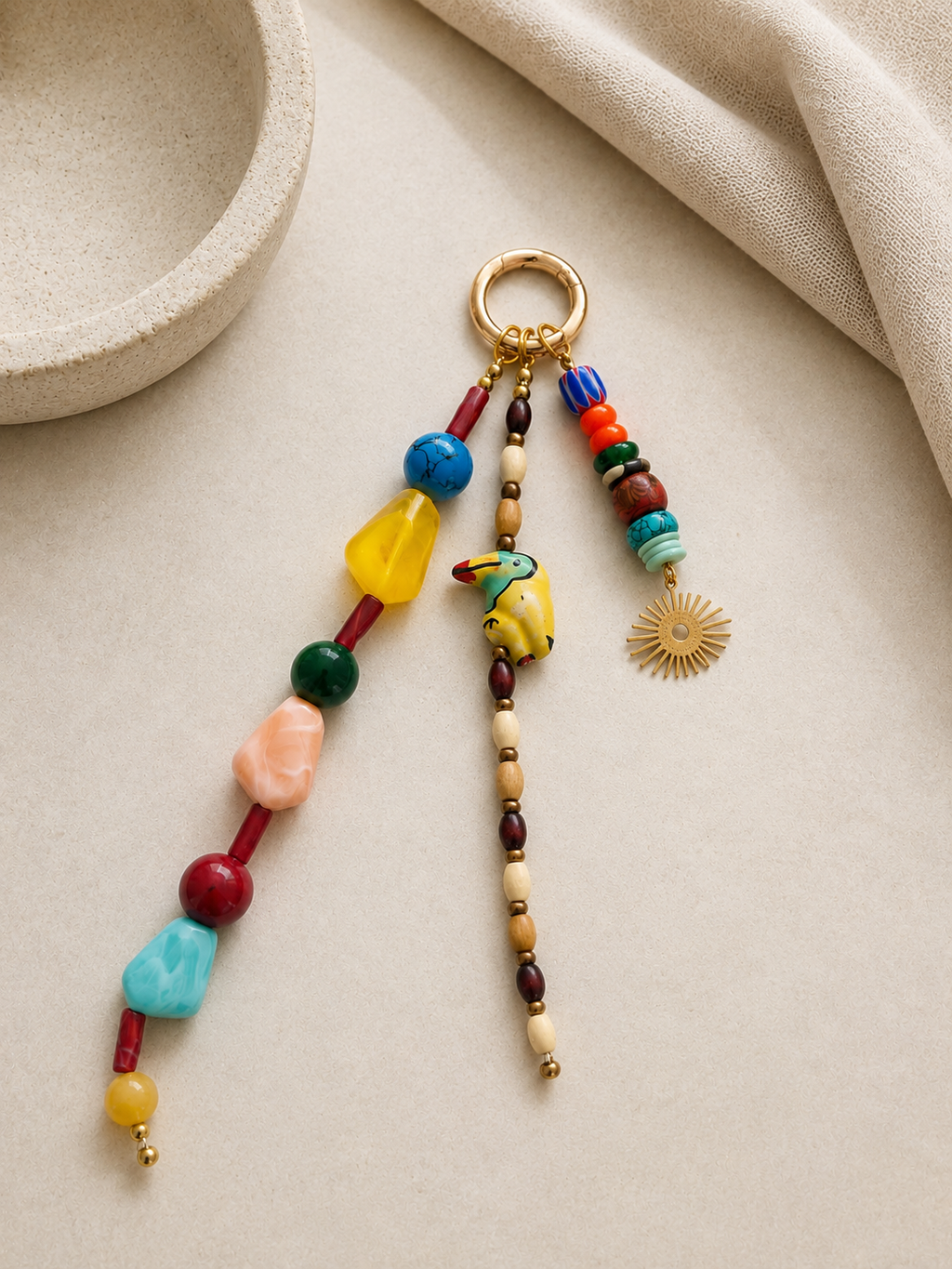 Multicolor Sun Charm Three Strand Beaded Bag Keychain Gold Ring