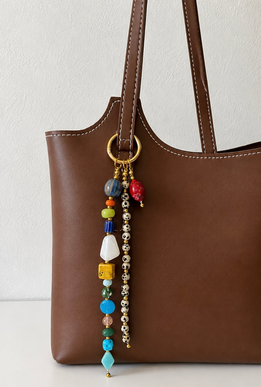 Multicolor Beaded Bag Charm Keychain with Gold Ring