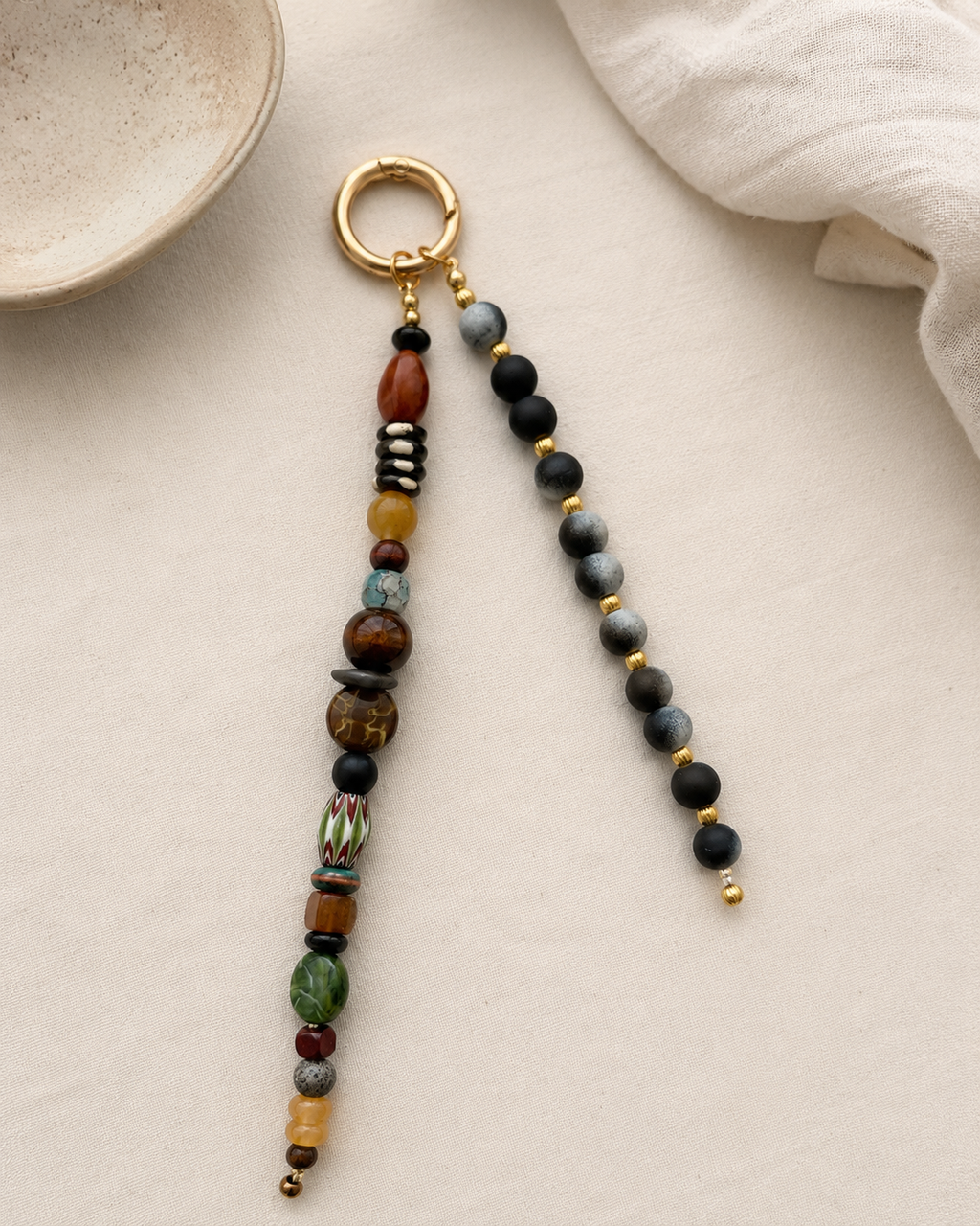 Boho Beaded Bag Charm Keychain – Black & Earth Tone Beads