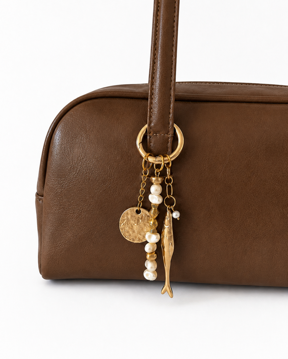 Pearl Beaded Fish Charm Bag Keychain with Gold Ring