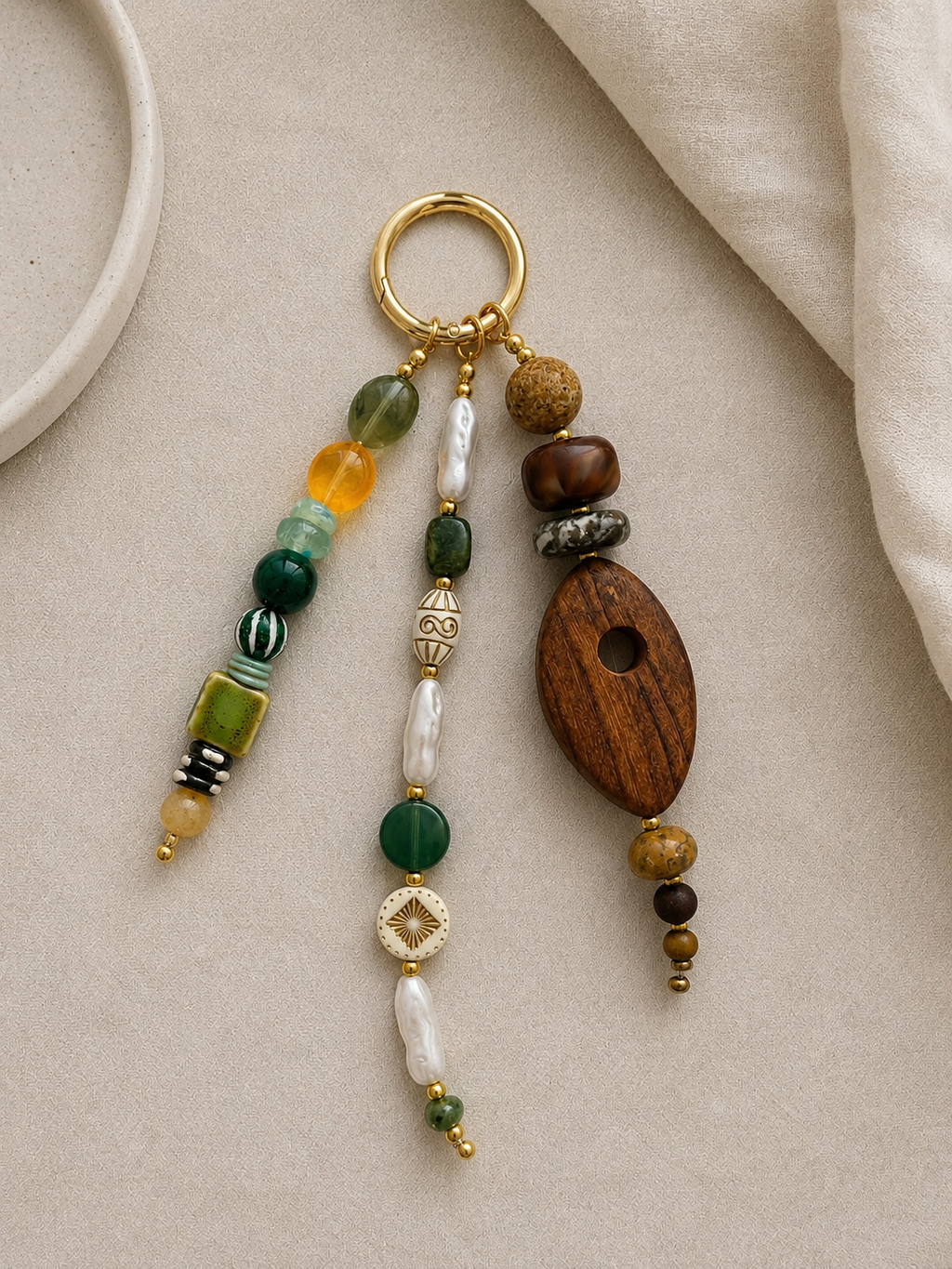 Wood & Green Beaded Keychain Statement Bag Charm