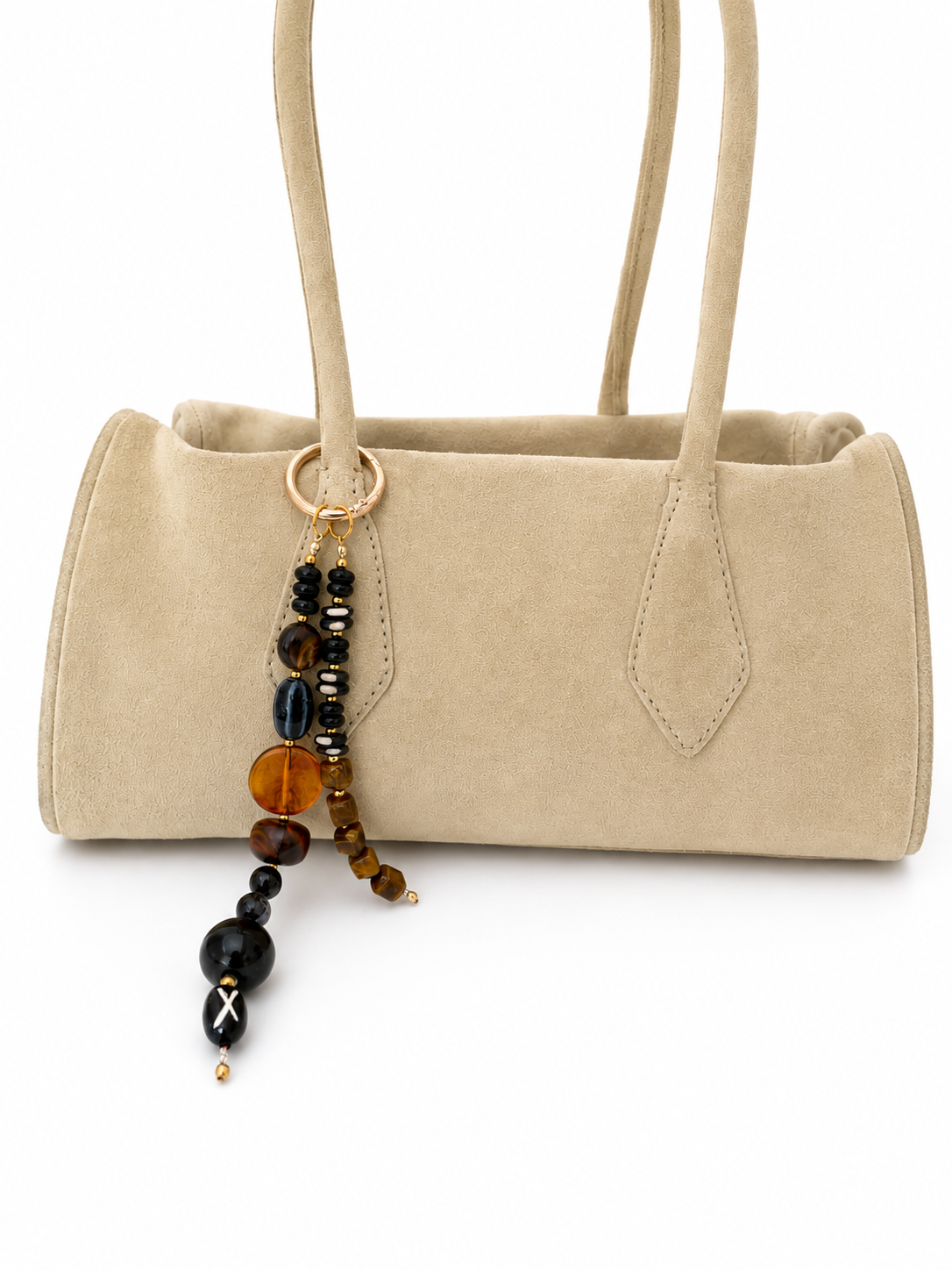 Black Brown Double Strand Beaded Bag Keychain with Gold Ring