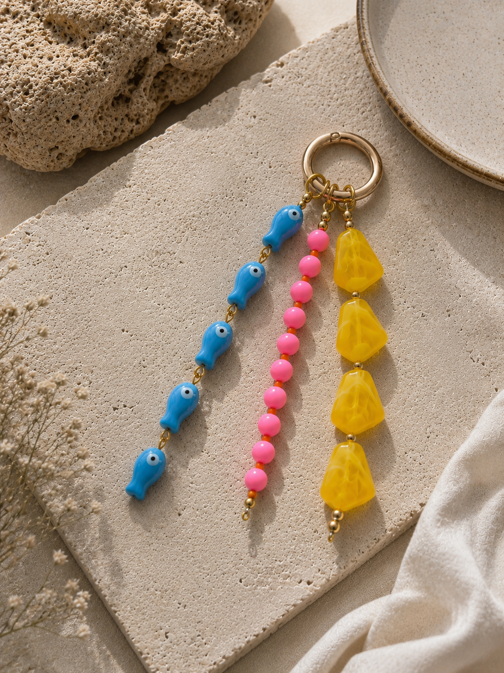 Pink Yellow Blue Fish Beaded Bag Keychain with Gold Ring